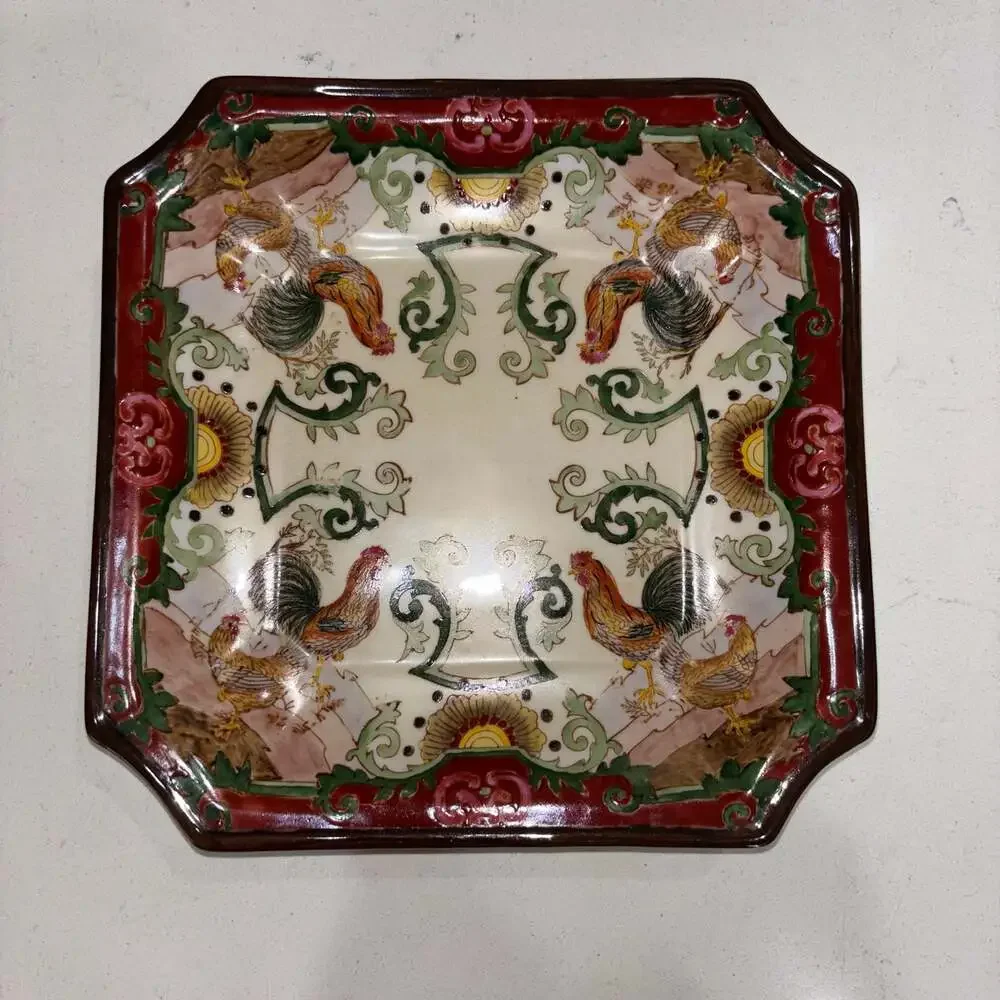 Hua Rong Tang Hand-Painted Square Rooster Decorative Plate